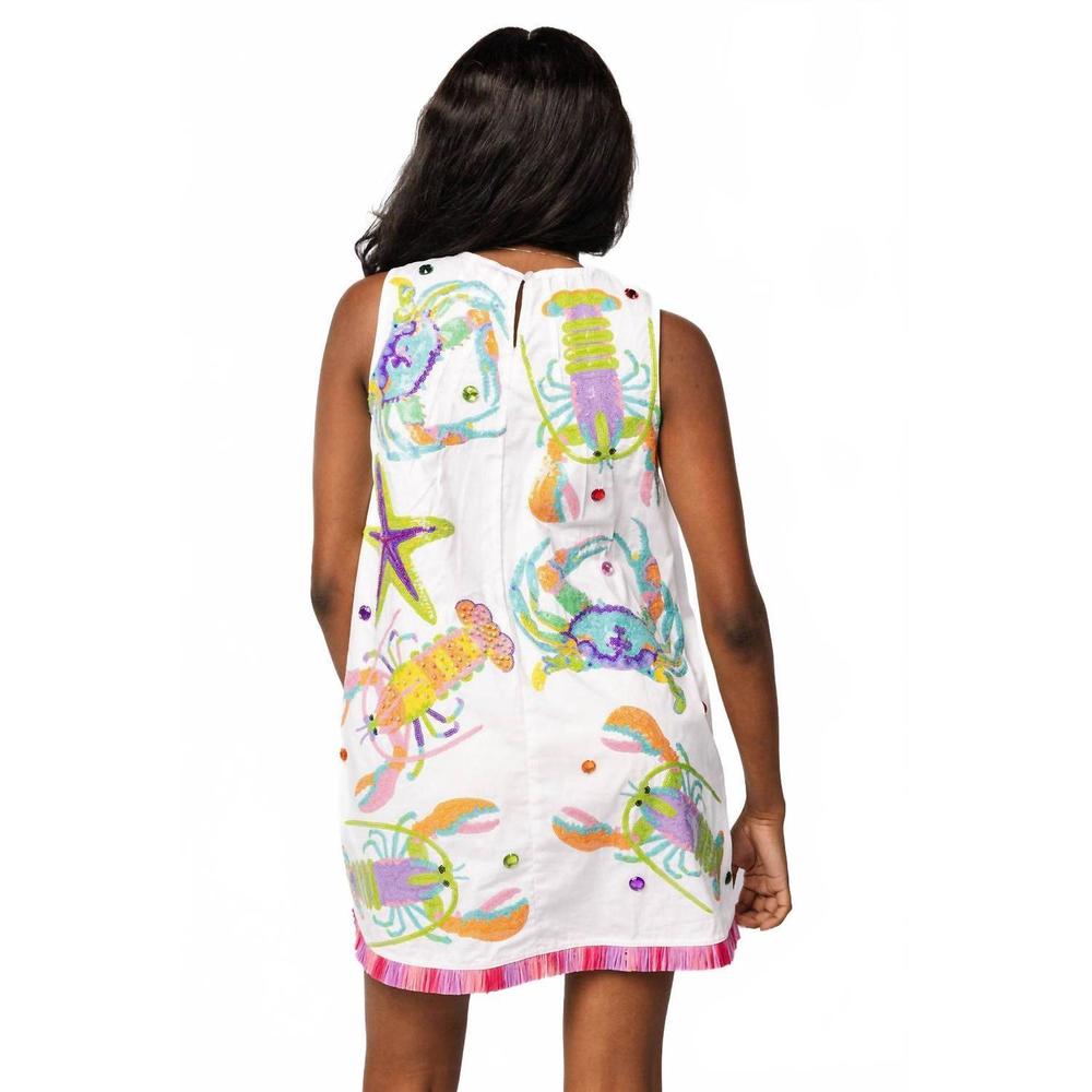 NEW QUEEN OF SPARKLES multi crab starfish & lobster tank fringe dress in white - Picture 3 of 5